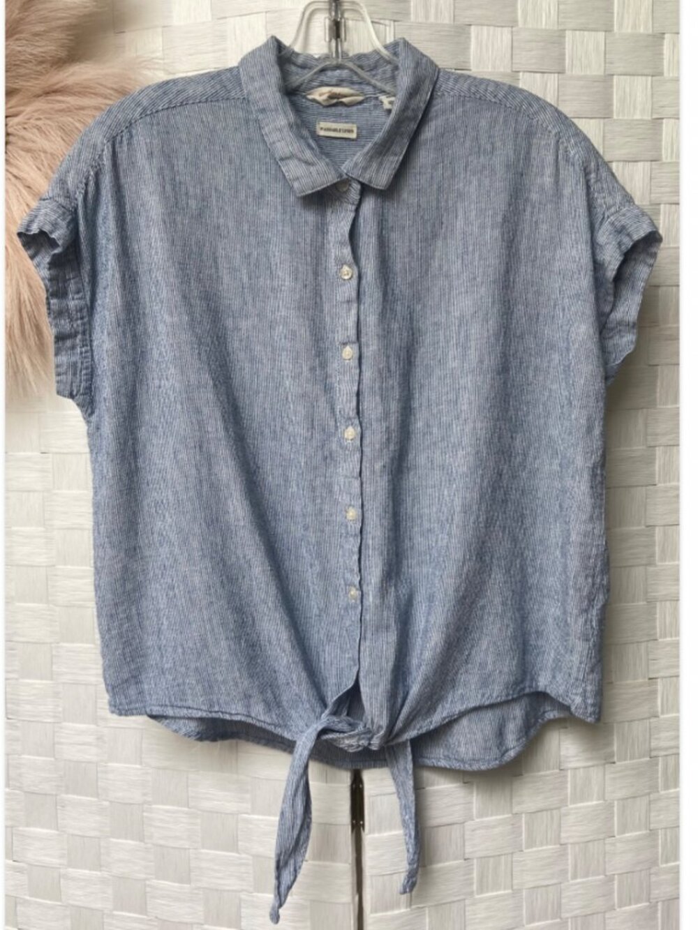 Weatherproof Washable Linen Blue White Striped Front Tie Shirt Size M